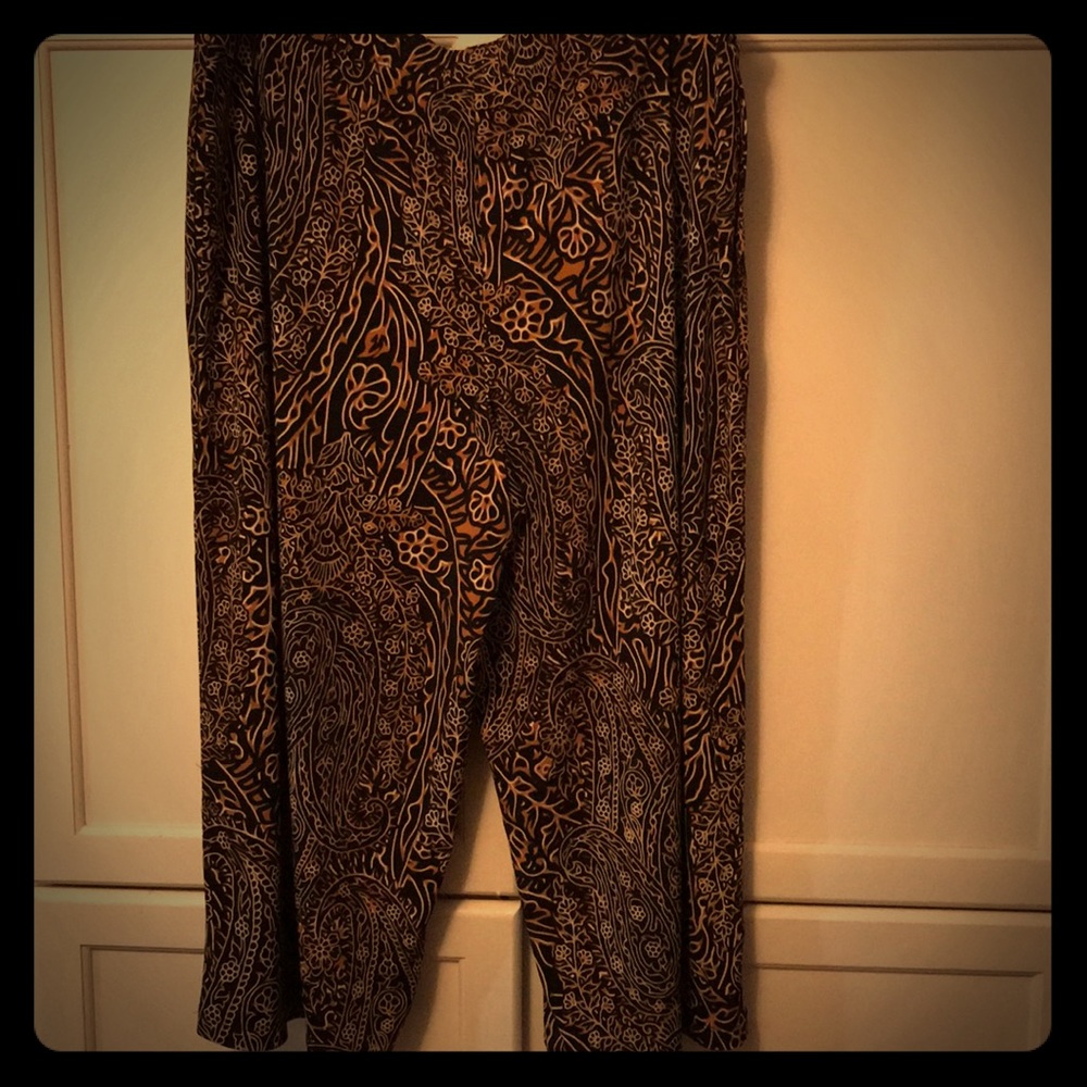 Split skirt, taupe tunic and rust tunic.